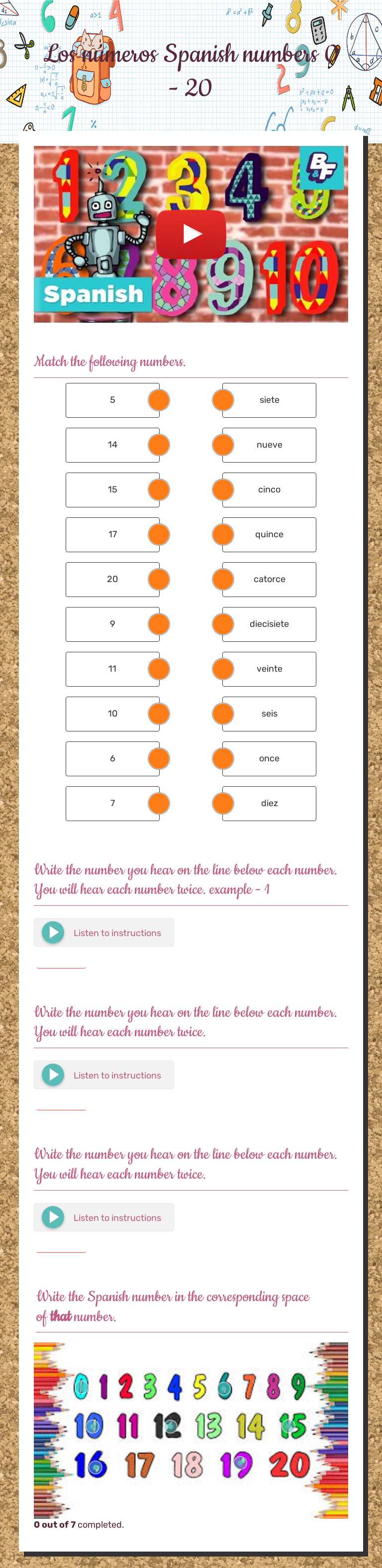 Los números  Spanish numbers 0 - 20 worksheet preview image