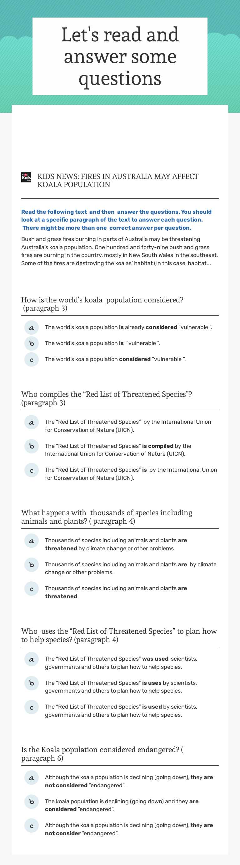 Let's read and answer some questions worksheet preview image