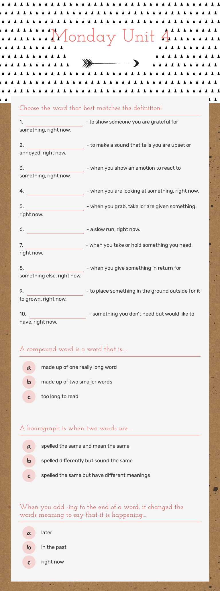 Monday 
Unit 4 Grade 3 worksheet preview