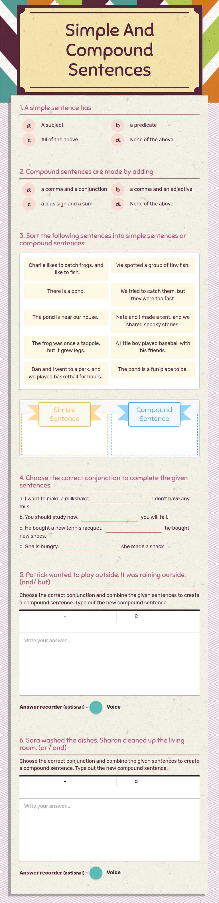 Simple And Compound Sentences Grade 3 worksheet preview