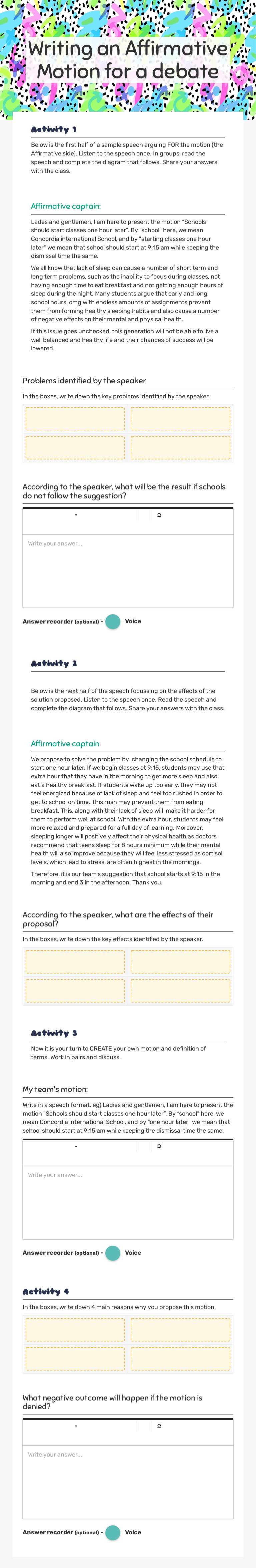 Writing an Affirmative Motion for a debate worksheet preview image