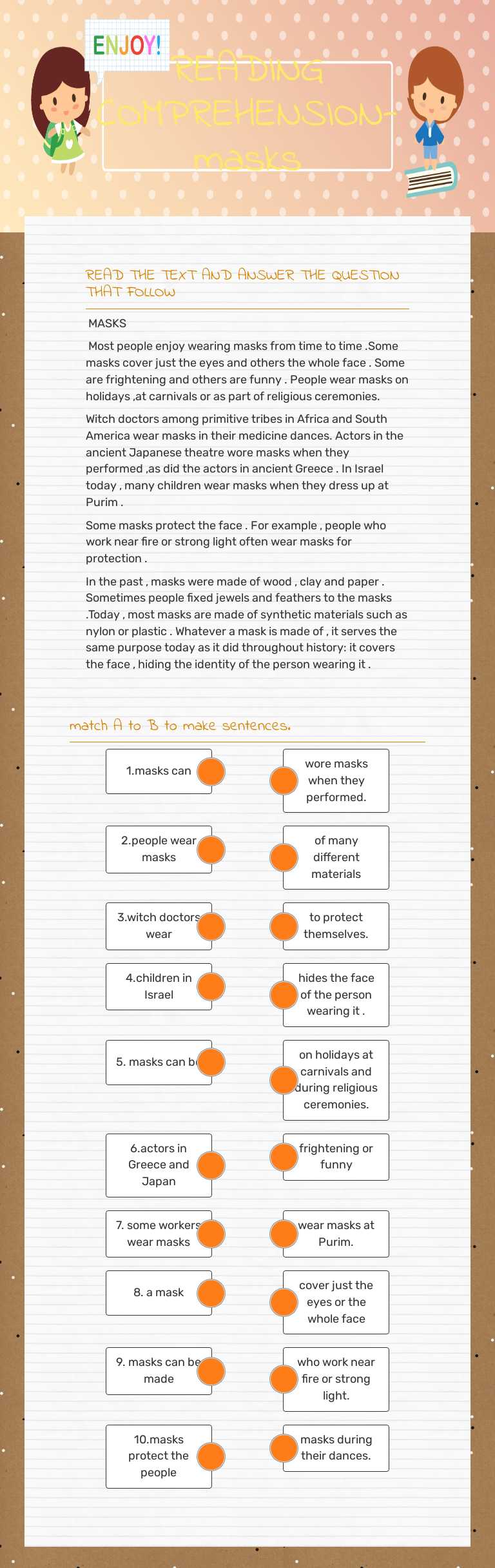 READING COMPREHENSION-masks worksheet preview image