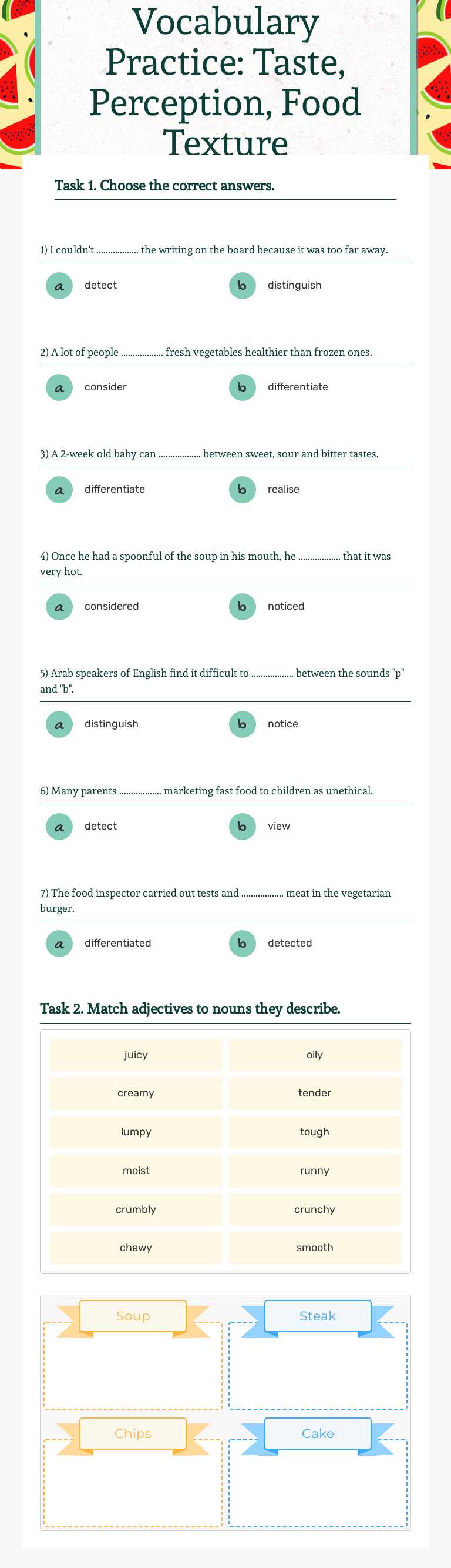 Vocabulary Practice: Taste, Perception, Food Texture worksheet preview image