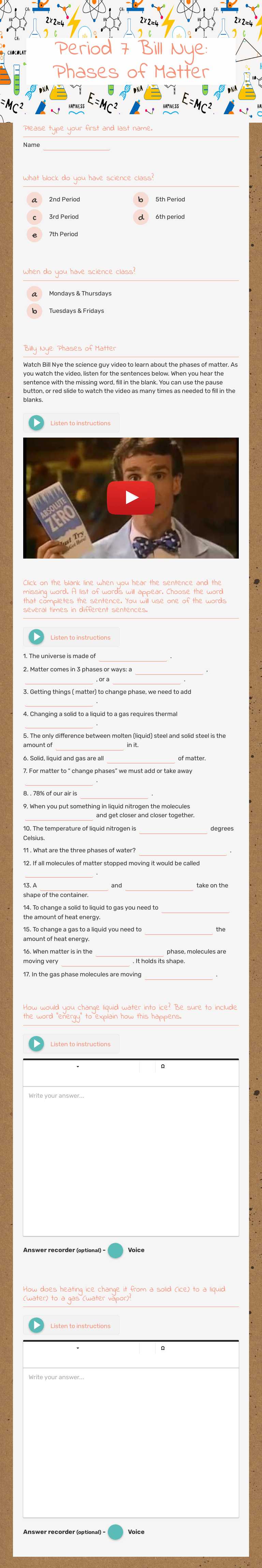Period 7 Bill Nye: Phases of Matter worksheet preview image