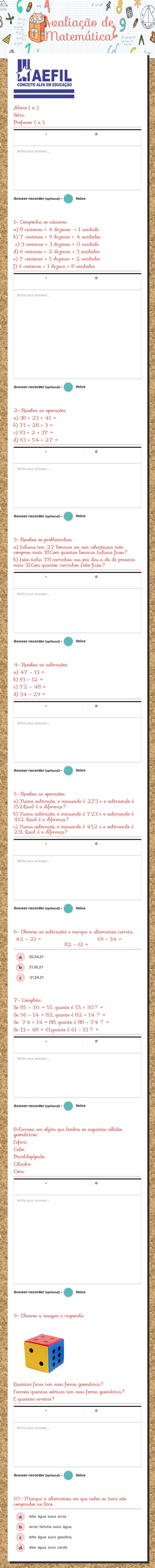 Avaliação de Matemática Grade 3 worksheet preview