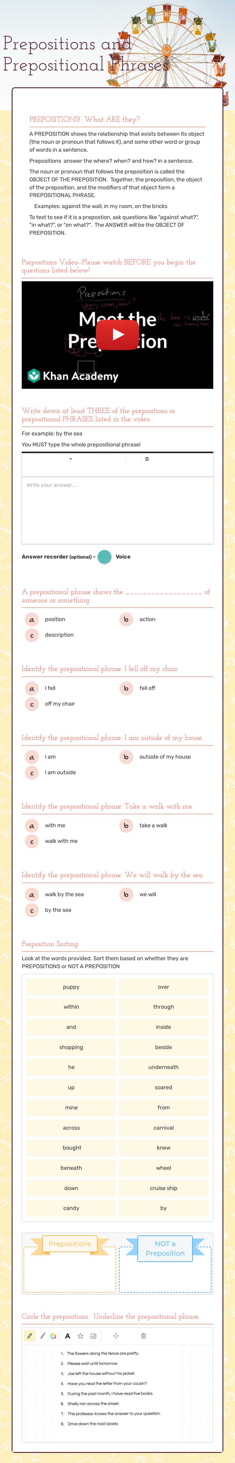 Prepositions and Prepositional Phrases worksheet preview image