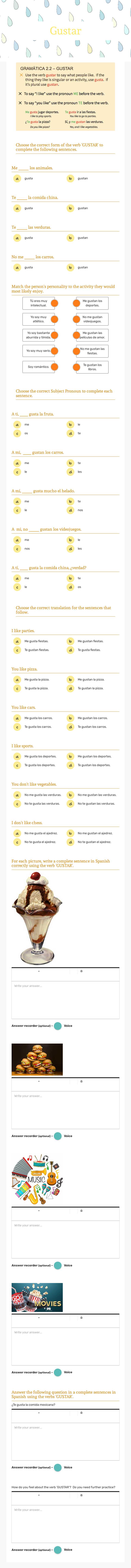 Gustar worksheet preview image