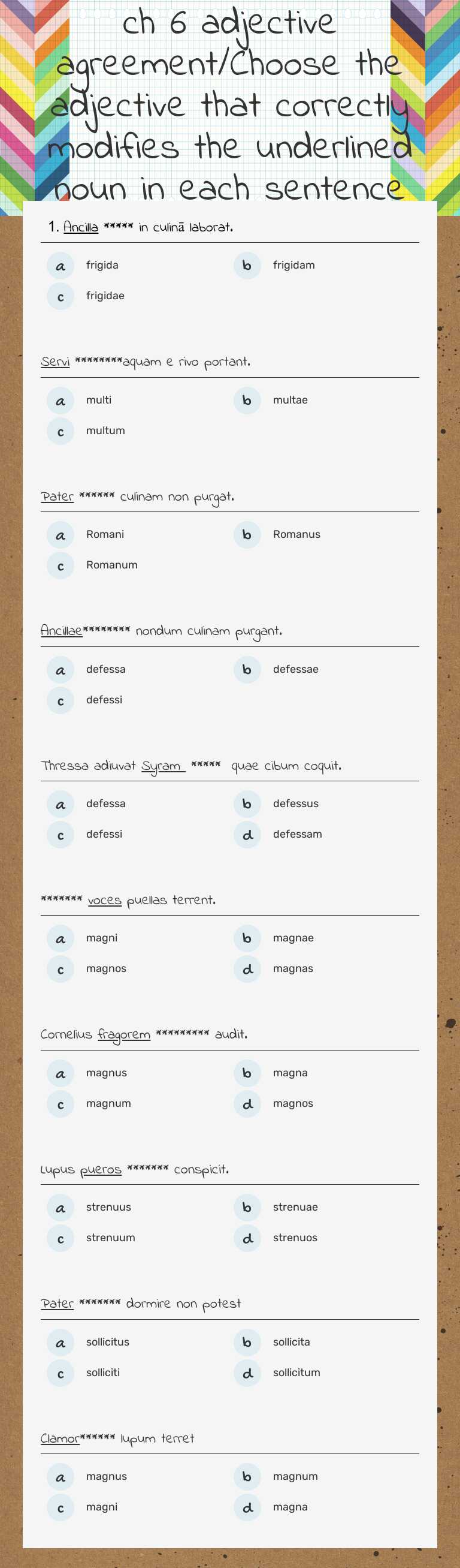 ch 6 adjective agreement/Choose the adjective that correctly modifies the underlined noun in each sentence worksheet preview image