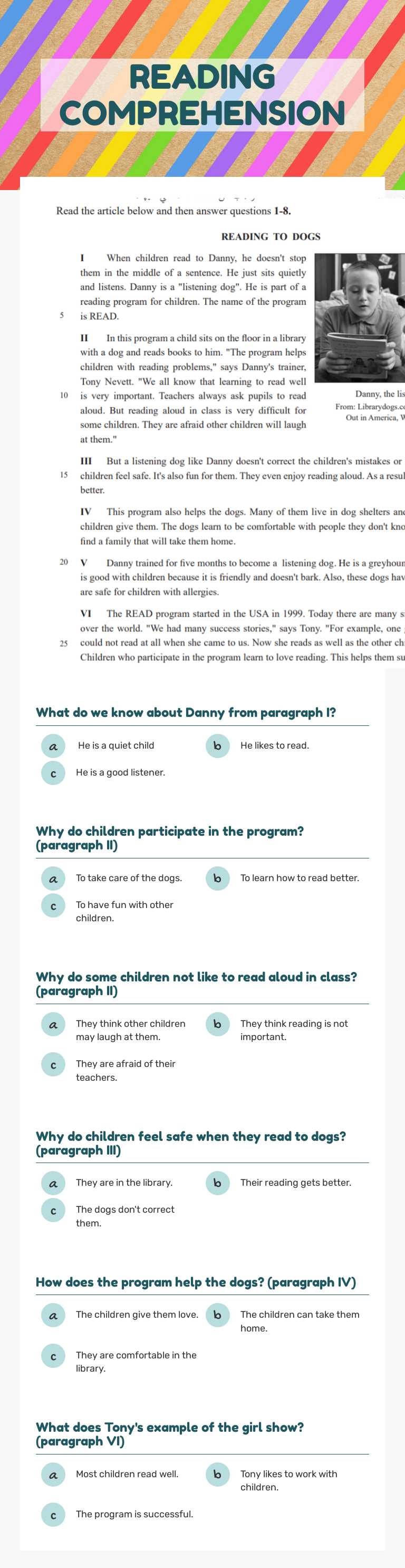 READING COMPREHENSION Grade 8 worksheet preview