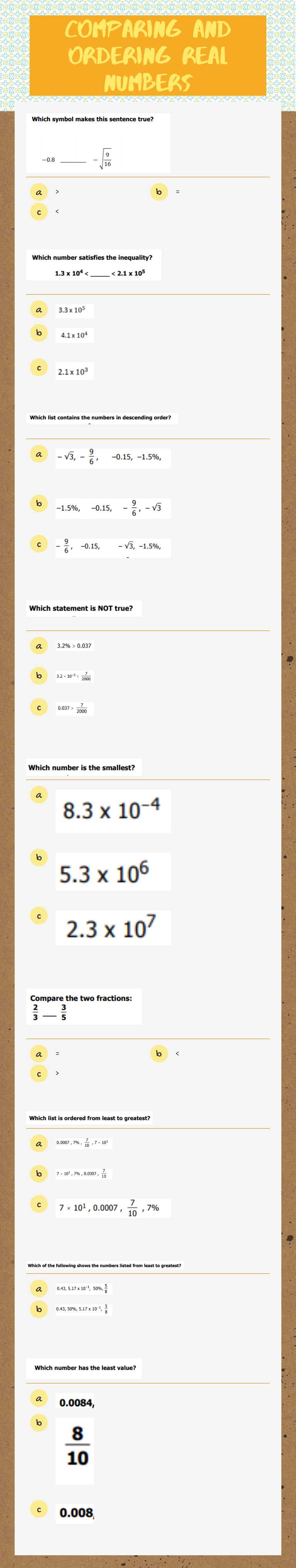 Comparing and ordering Real Numbers worksheet preview image