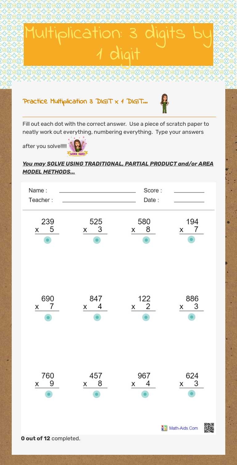 Multiplication: 3 digits by 1 digit Grade 5 worksheet preview
