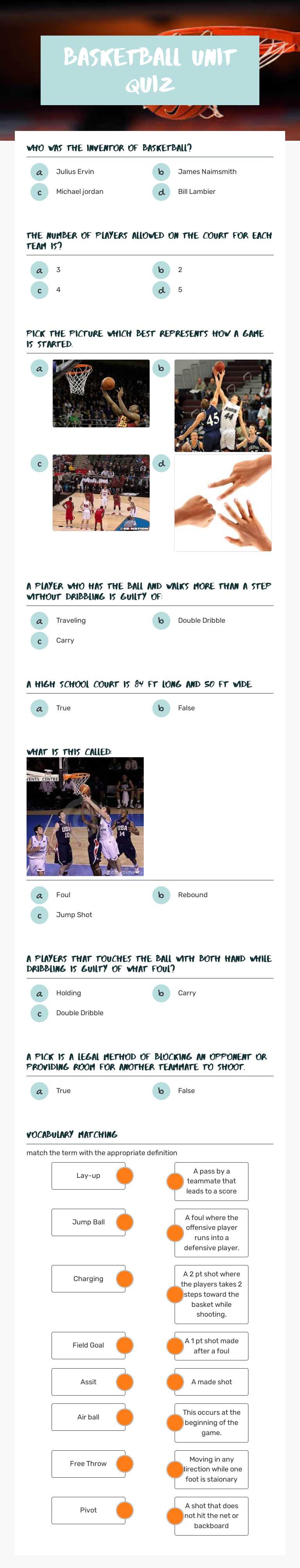Basketball Unit Quiz worksheet preview image