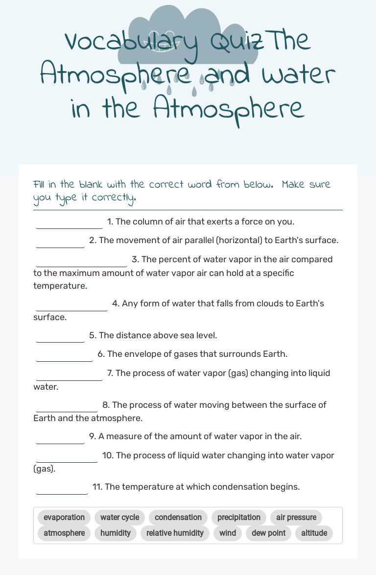 Vocabulary QuizThe Atmosphere and Water in the Atmosphere worksheet preview image