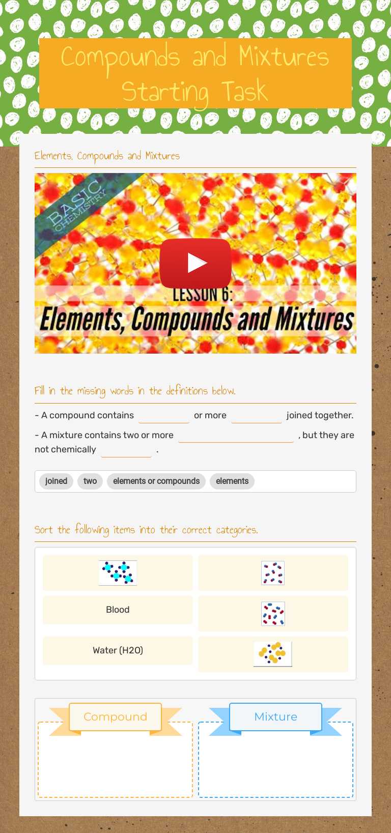 Compounds and Mixtures Starting Task Grade 7 worksheet preview