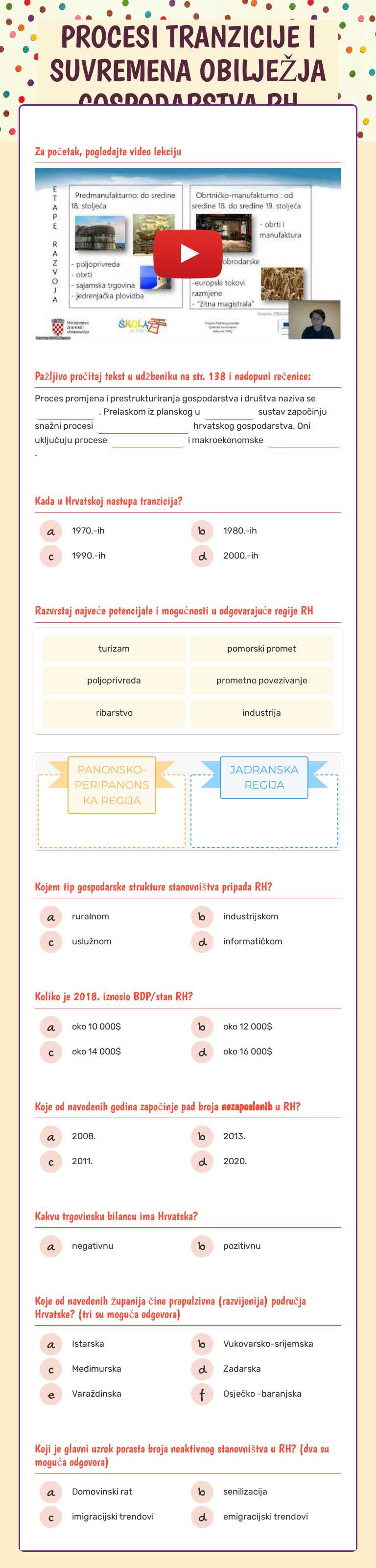 PROCESI TRANZICIJE I SUVREMENA OBILJEŽJA GOSPODARSTVA RH Grade 12 worksheet preview