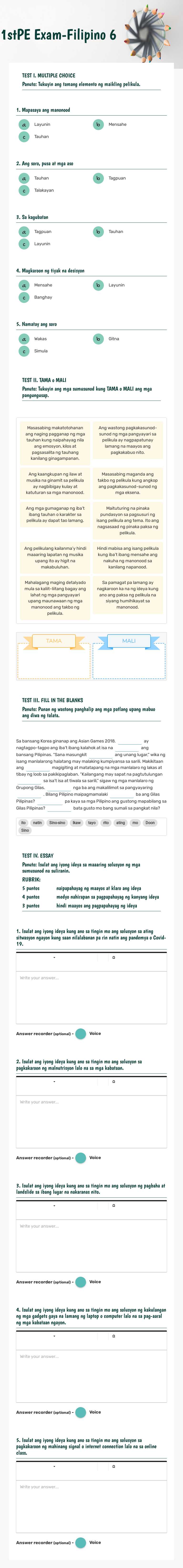 1stPE Exam-Filipino 6 worksheet preview image
