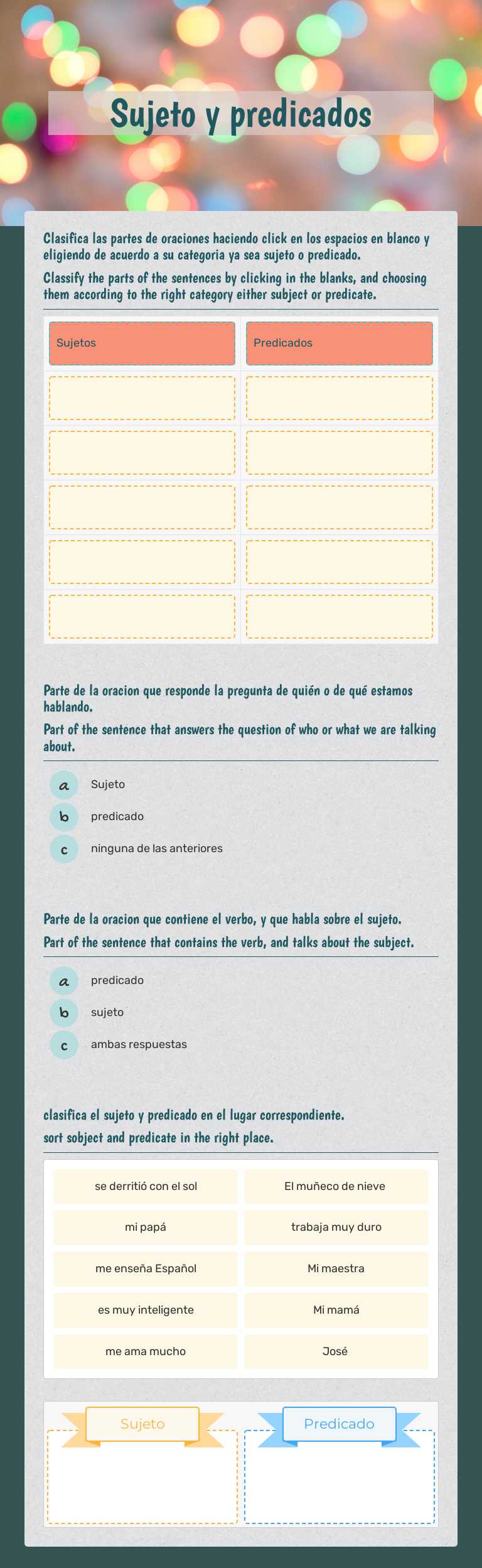 Sujeto y predicados worksheet preview image