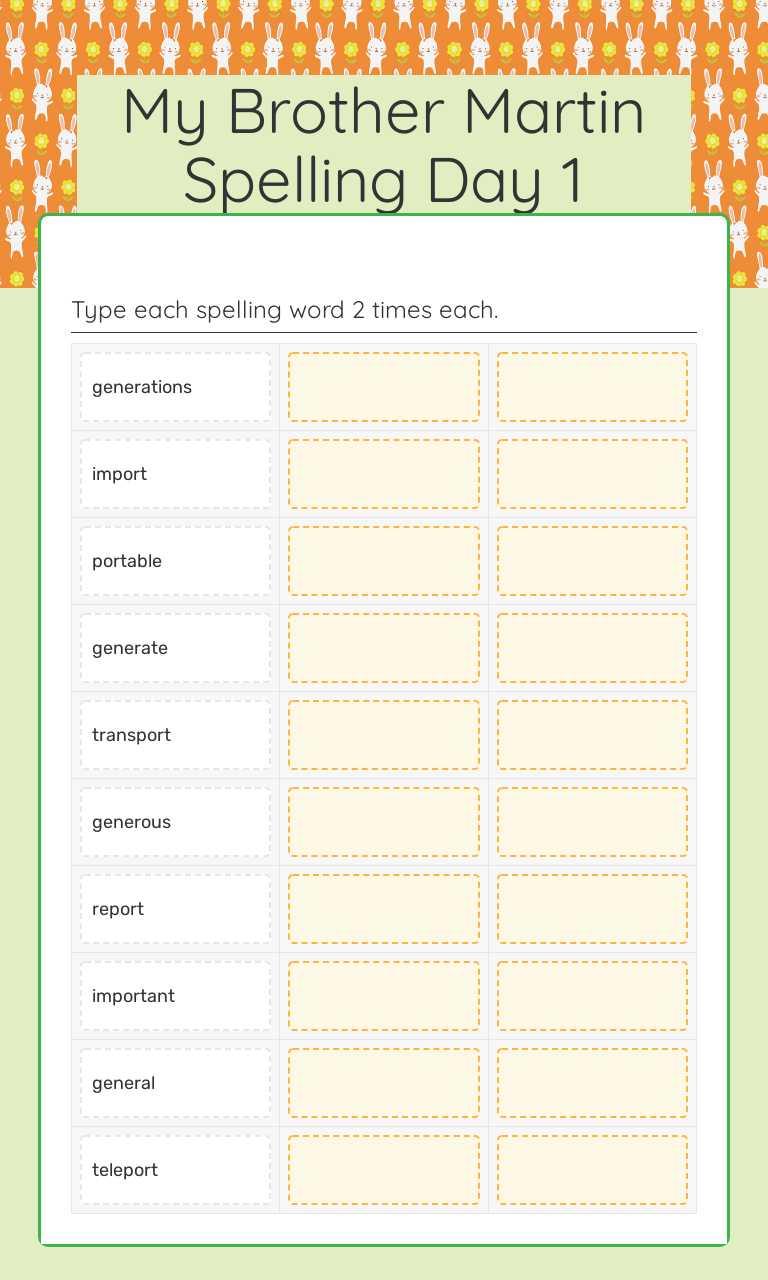 My Brother Martin Spelling Day 1 worksheet preview image