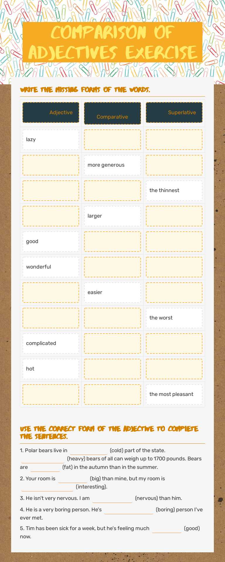 Comparison of adjectives exercise worksheet preview image
