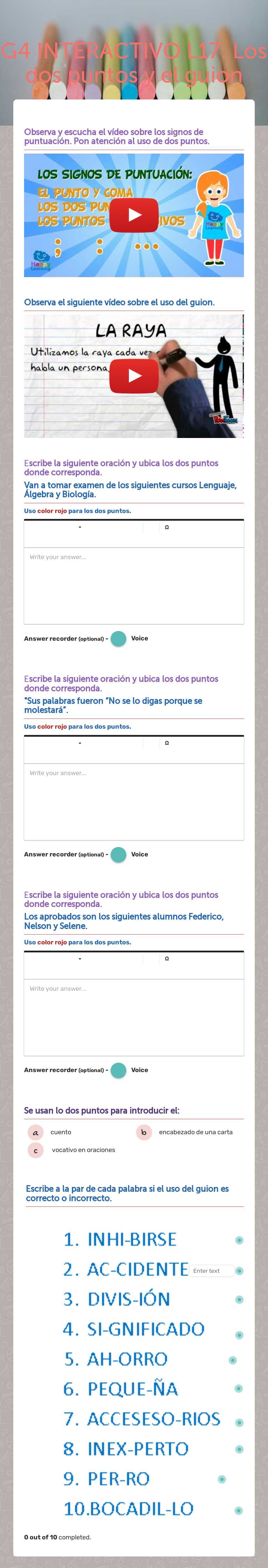 G4 INTERACTIVO L17: Los dos puntos y el guion worksheet preview image