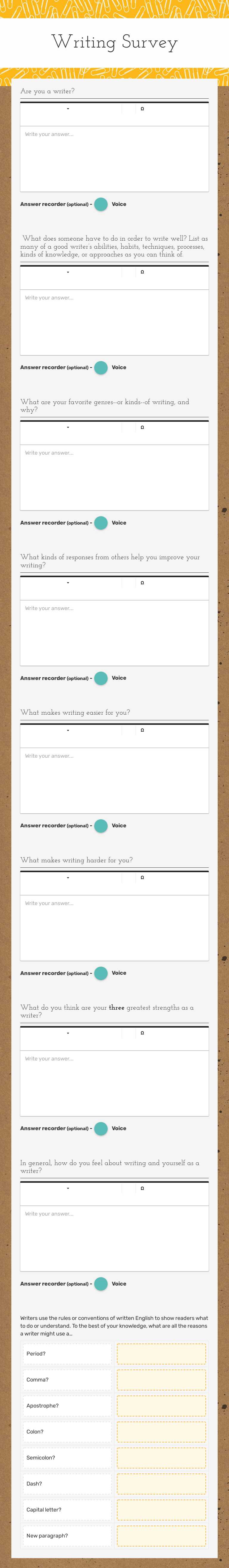 Writing Survey Grade 10 worksheet preview