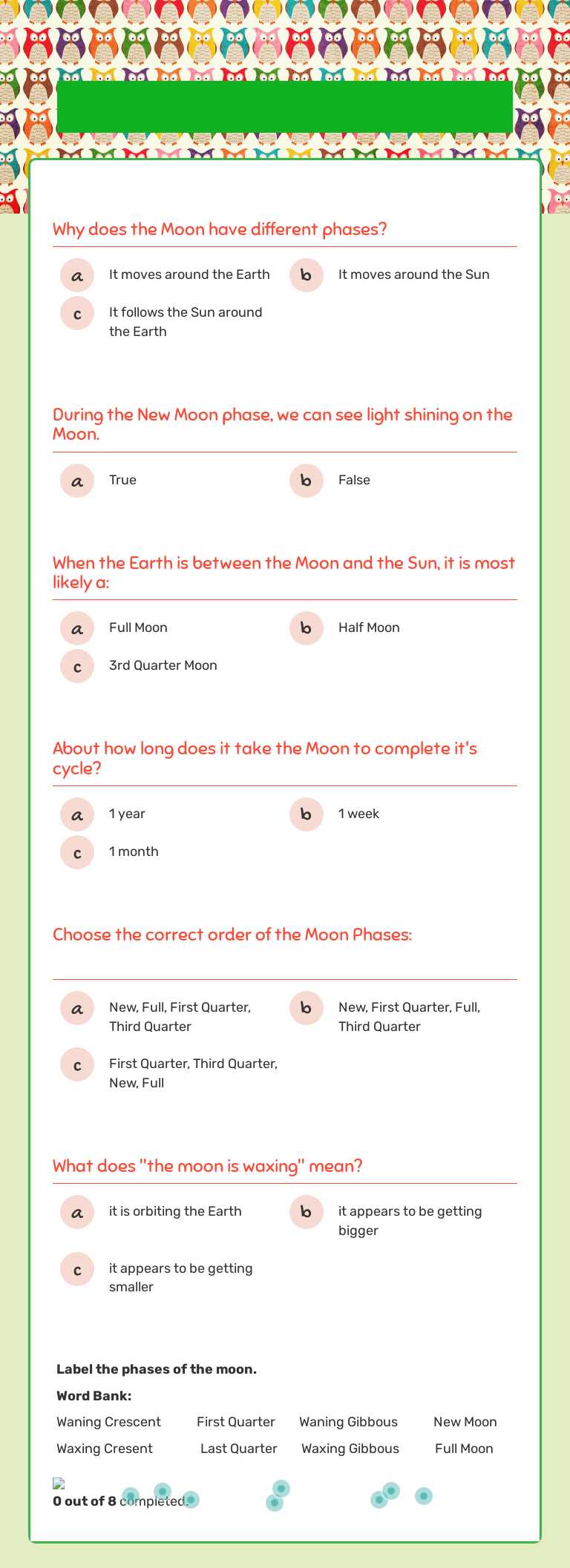 Moon phases worksheet preview image