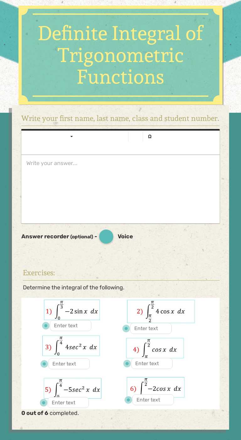 Definite Integral of Trigonometric Functions worksheet preview image