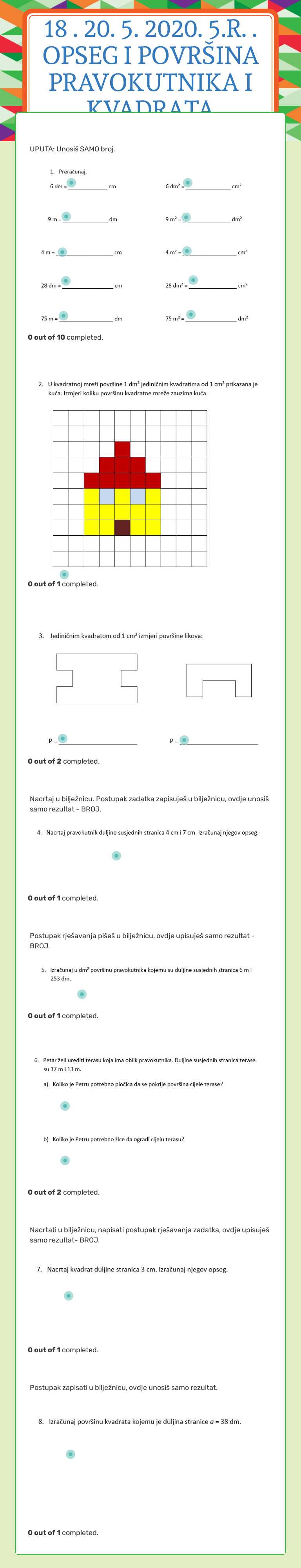 18 . 20. 5. 2020. 5.r. . OPSEG I POVRŠINA PRAVOKUTNIKA I KVADRATA worksheet preview image