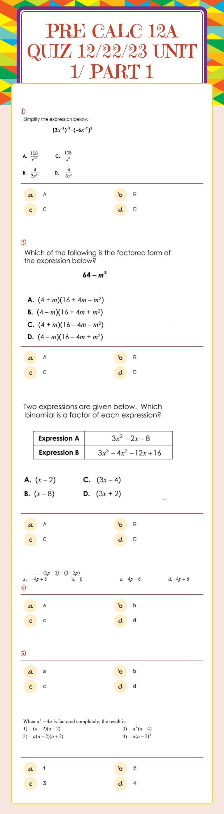 Pre calc 12A
Quiz 12/22/23               Unit 1/ Part 1 worksheet preview image