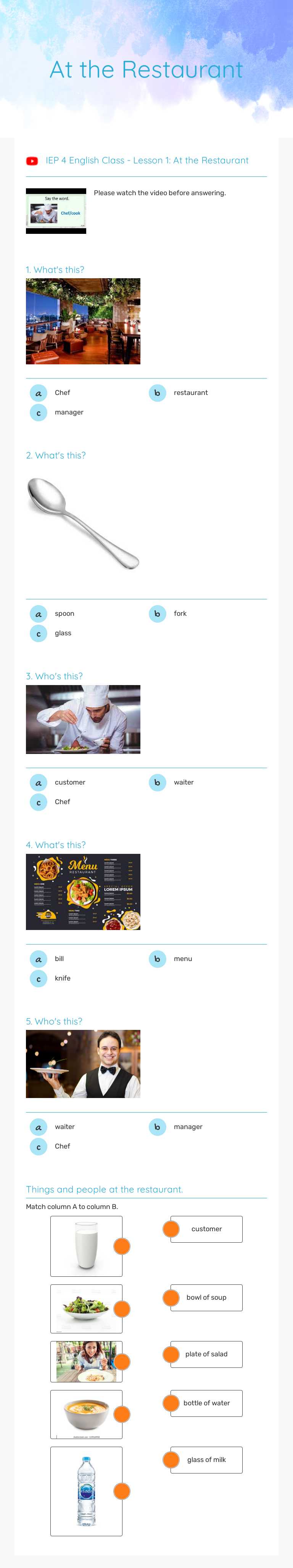At the Restaurant worksheet preview image