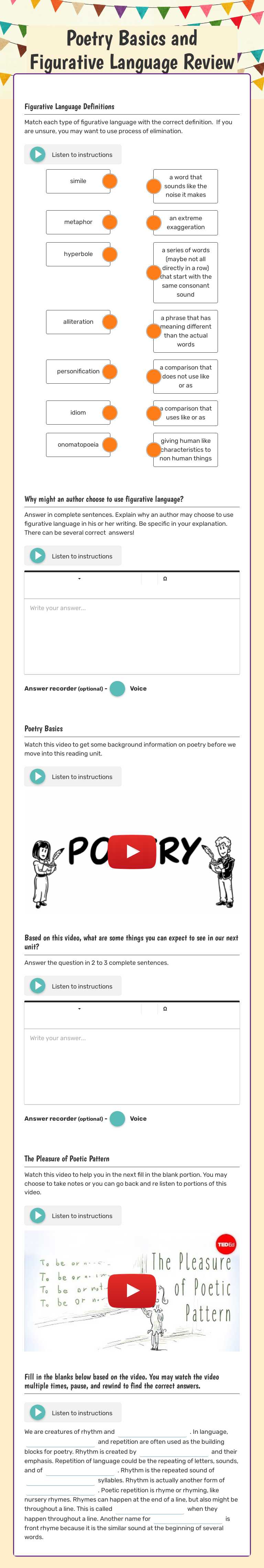 Poetry Basics and Figurative Language Review Grade 6 worksheet preview