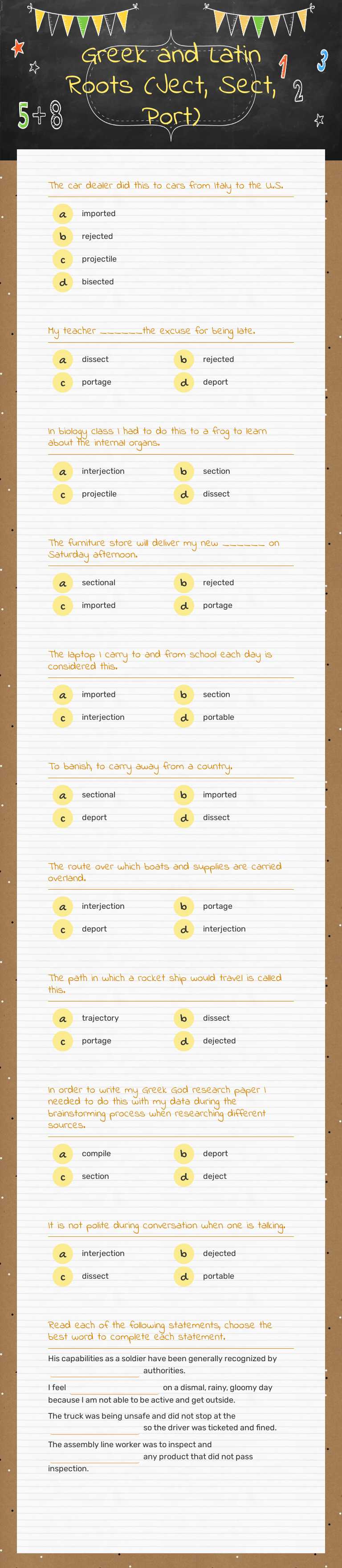 Greek and Latin Roots (Ject, Sect, Port) worksheet preview image