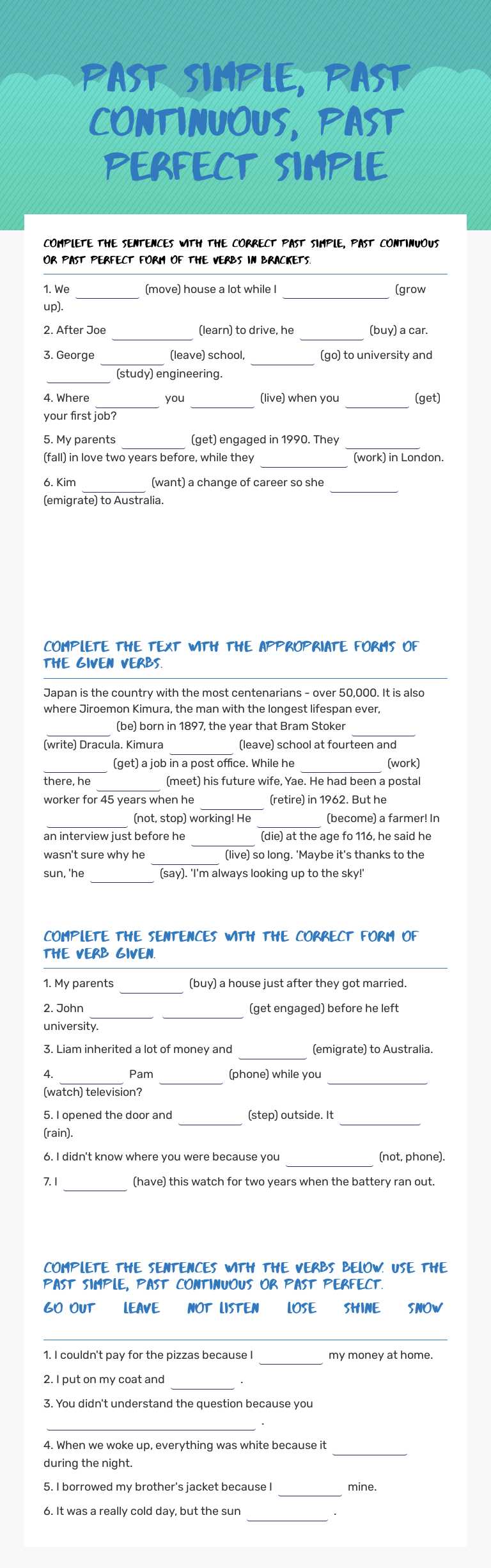 Past simple, past continuous, past perfect simple worksheet preview image
