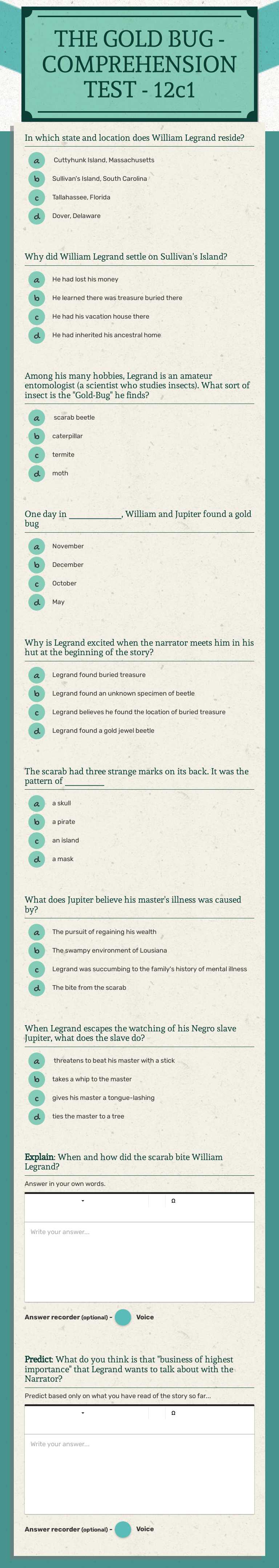 THE GOLD BUG - COMPREHENSION TEST - 12c1 worksheet preview
