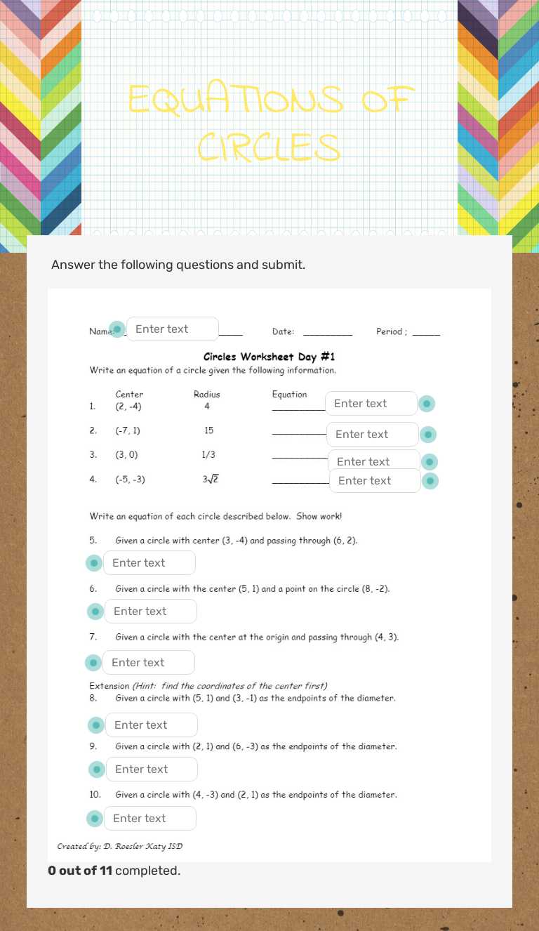 EQUATIONS OF CIRCLES worksheet preview image