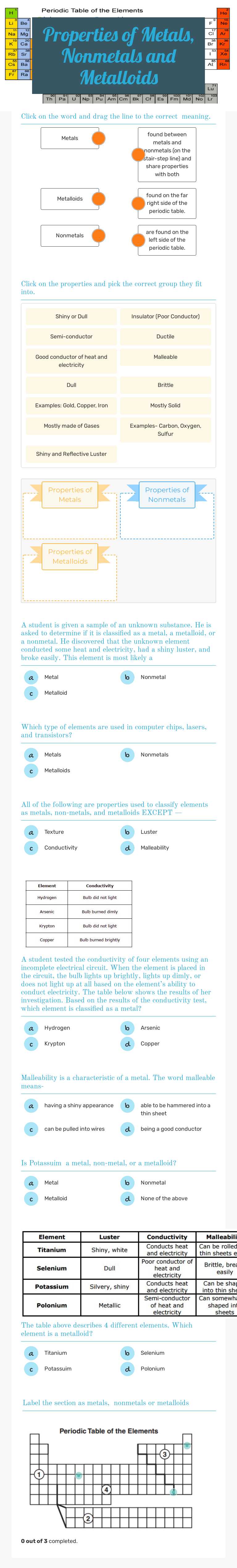 Properties of Metals, Nonmetals and Metalloids worksheet preview image
