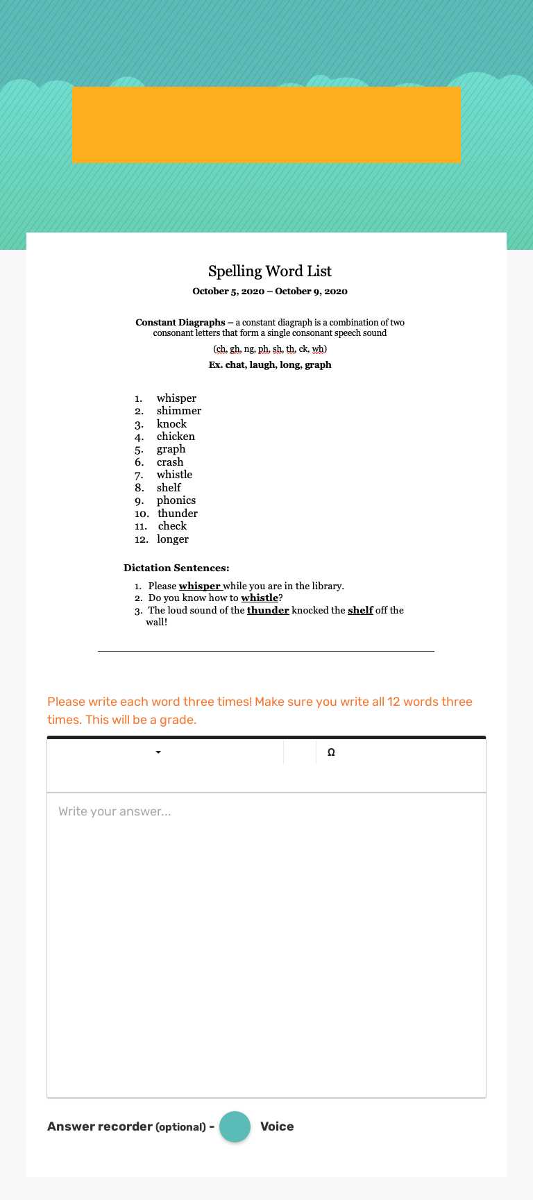 Monday, October 05/ Spelling List worksheet preview image