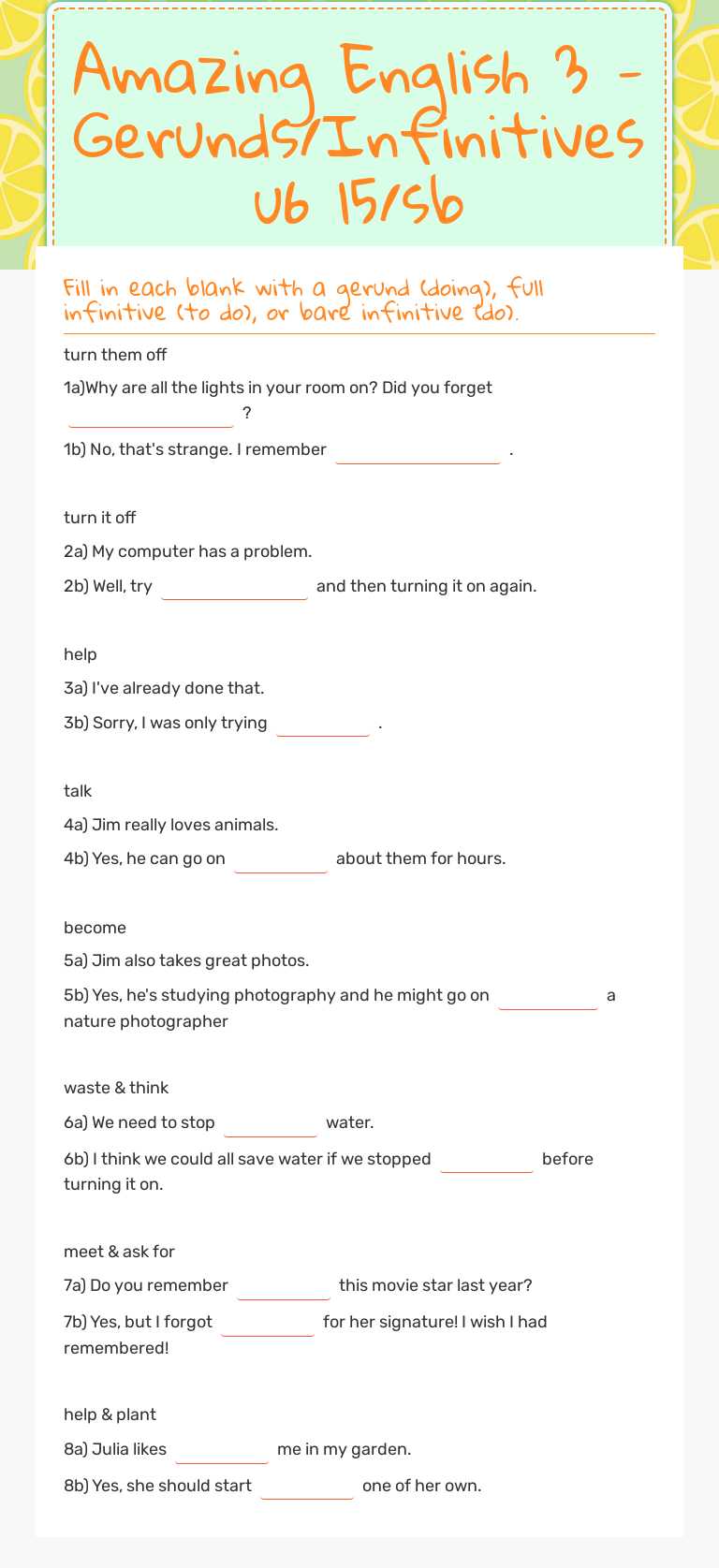 Amazing English 3 - Gerunds/Infinitives u6 l5/sb worksheet preview image