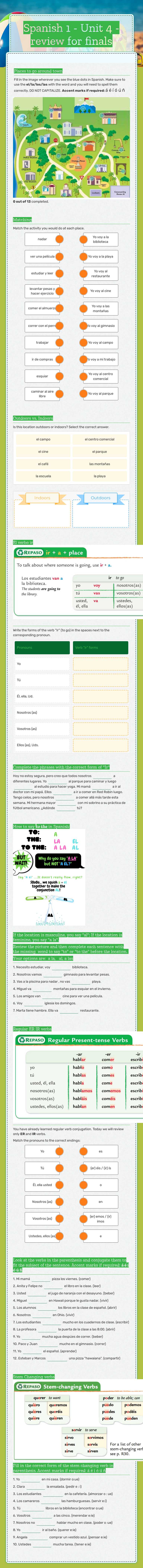 Spanish 1 - Unit 4 -  review for finals worksheet preview image