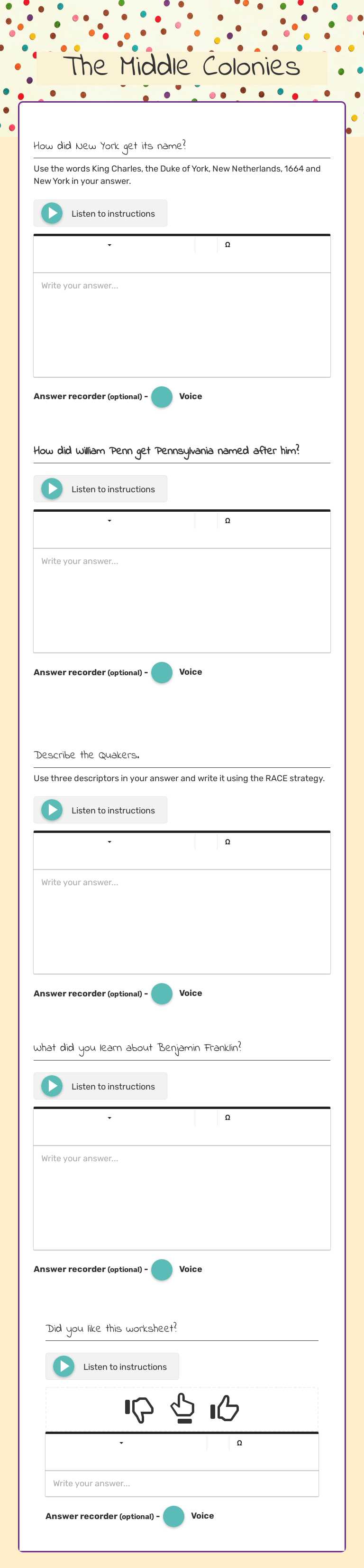 The Middle Colonies Grade 5 worksheet preview