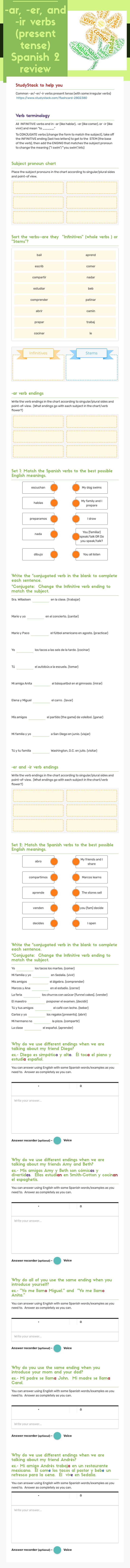 -ar, -er, and -ir verbs (present tense)
Spanish 2 review Grade 10 worksheet preview