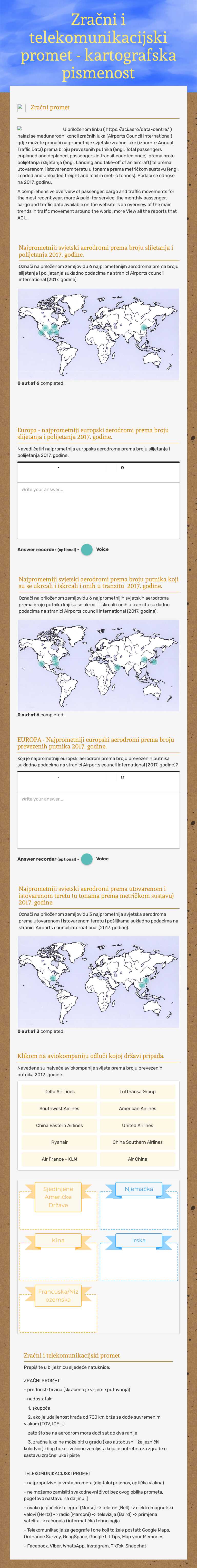 Zračni i telekomunikacijski promet - kartografska pismenost worksheet preview image