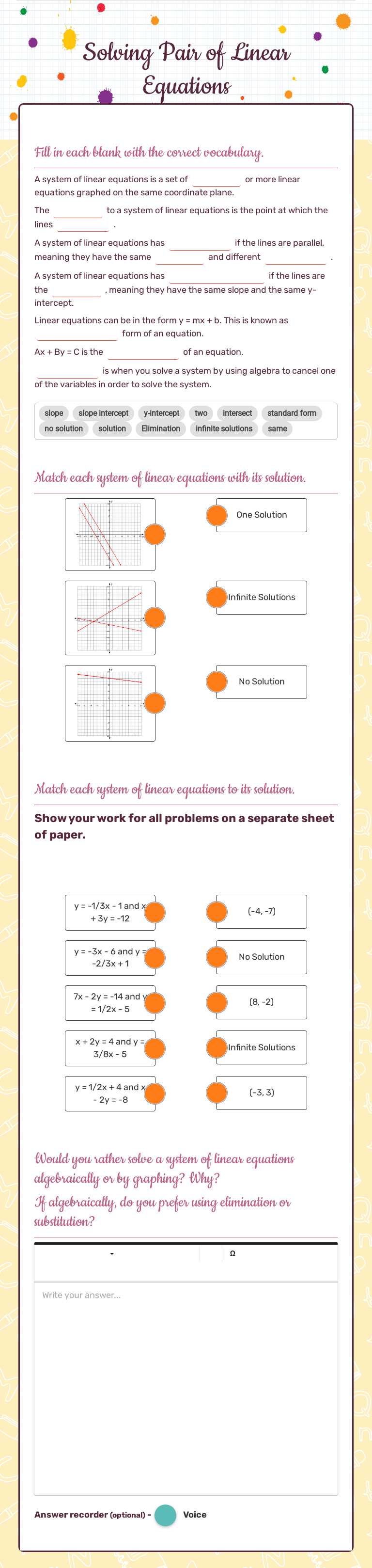 Solving Pair of Linear Equations worksheet preview image