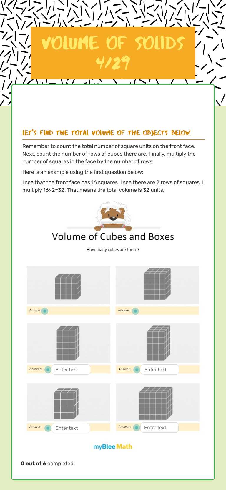Volume of solids 4/29 Grade 5 worksheet preview