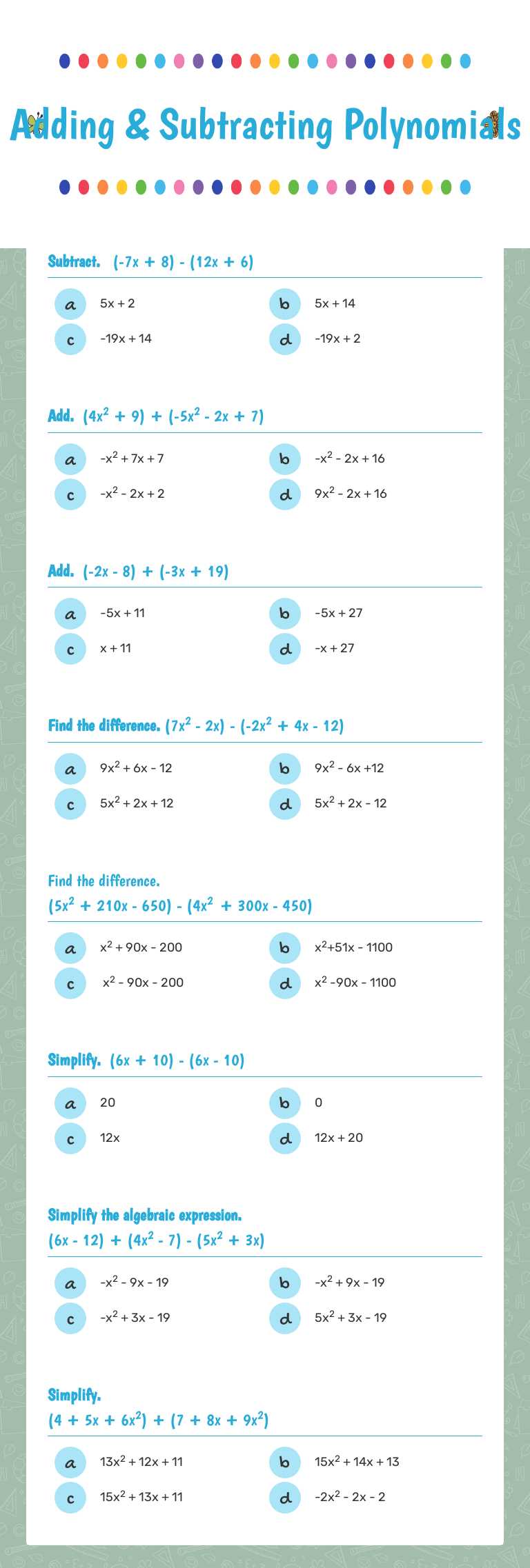 Adding & Subtracting Polynomials worksheet preview image