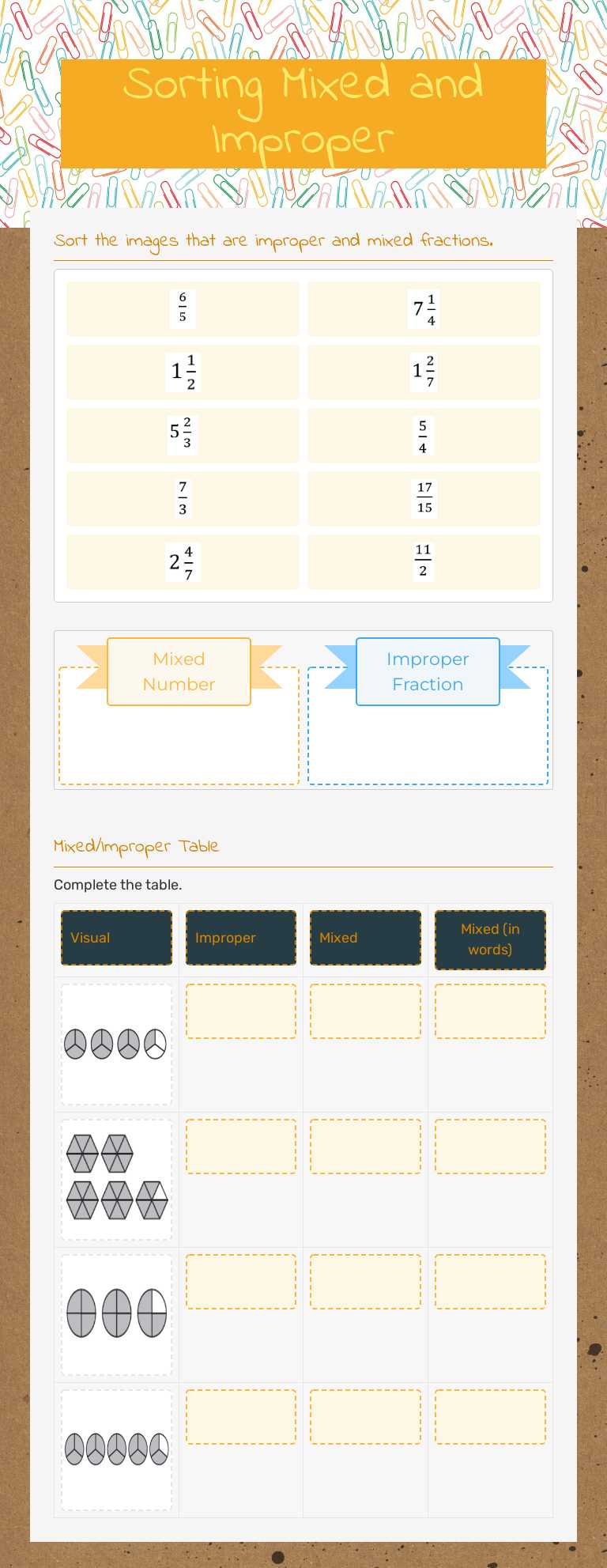 Sorting Mixed and Improper Grade 10 worksheet preview
