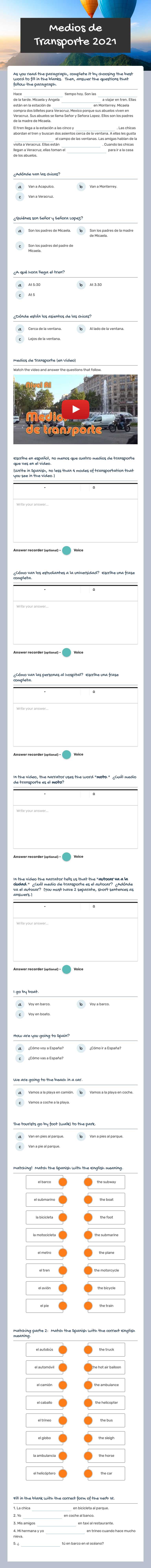 Medios de Transporte 2021 Grade 8 worksheet preview
