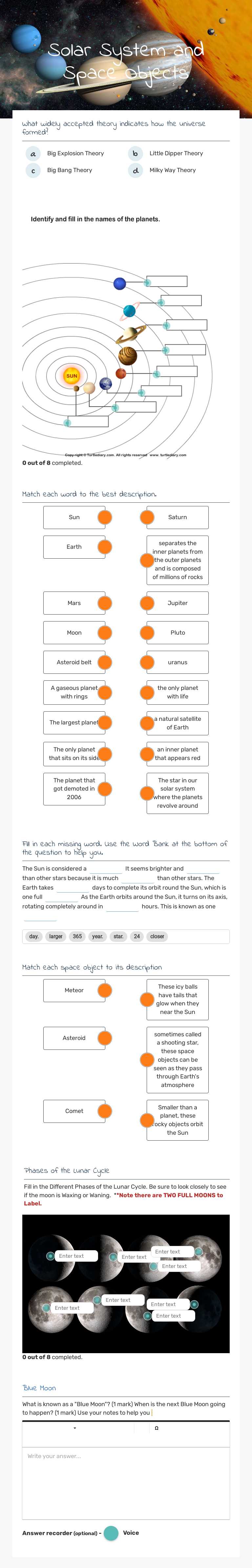 Solar System and Space Objects worksheet preview image