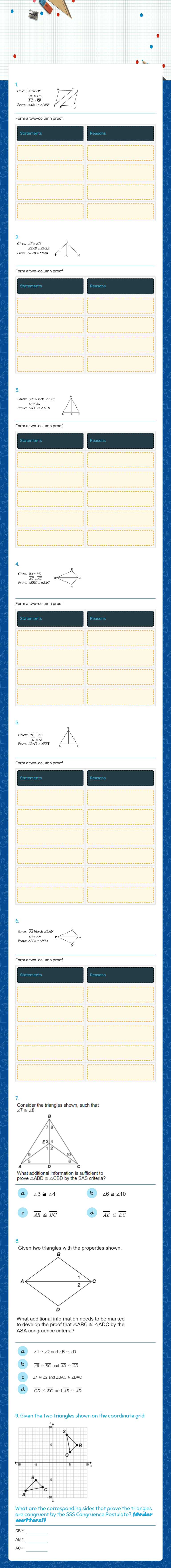 Unit 5 Quiz 2: Triangle Congruence Proofs Grade 9 worksheet preview