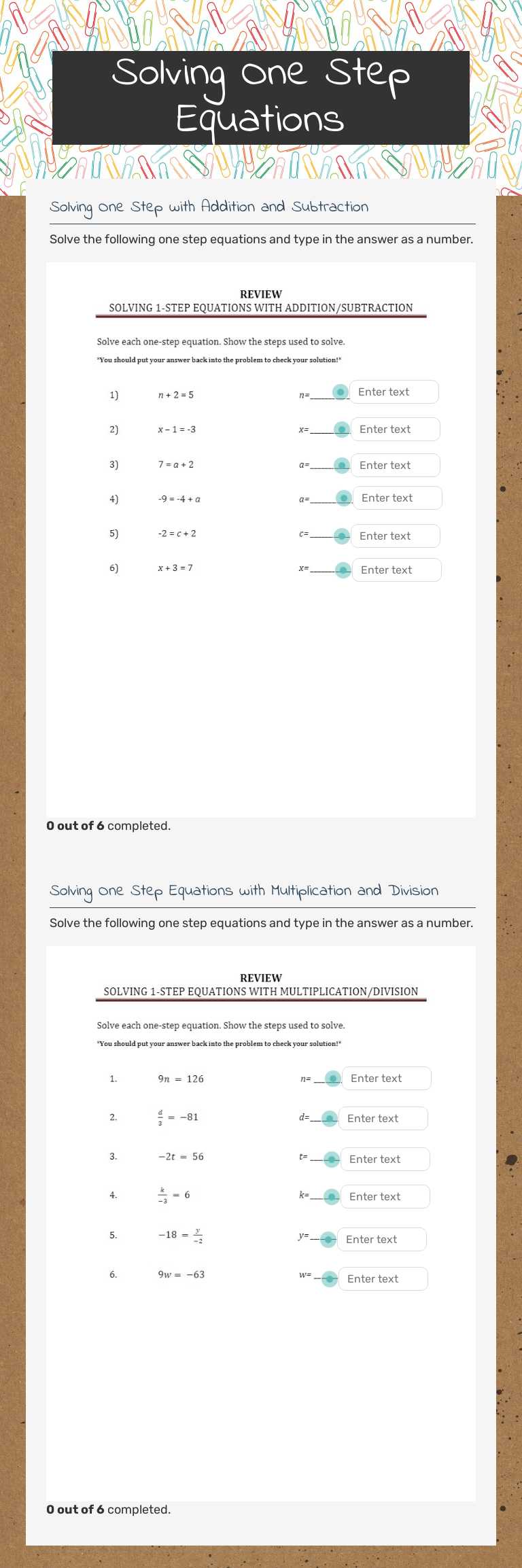 Solving One Step Equations worksheet preview image